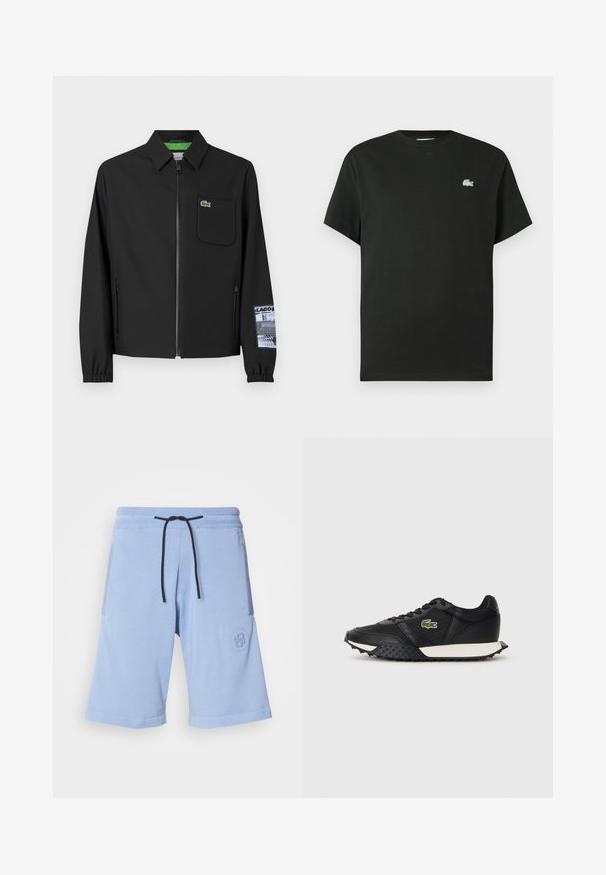 Fekete kabát sima anyagból, zöld bélésű, elülső cipzárral, bal oldali mellzsebbe, és mintás ujjal.; Fekete pamut póló kerek nyakkivágással, rövid ujjakkal, bal oldalon zöld hímzett logóval. Simaságú anyag, laza szabás.; Világoskék, puha anyagból készült shorts. Gumis derekú, fekete zsinórral, oldalt zsebében logóval.; Fekete sportcipők sima bőr borítással, texturált gumi talppal, fehér középtalppal és zöld hímzett logóval az oldalon.