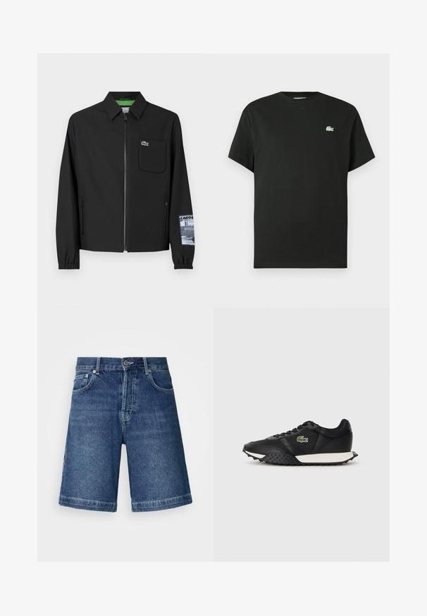 Musta takki, joka on valmistettu sileästä kankaasta ja jossa on vihreä sisävuori, edessä vetoketju, vasemmassa rinnassa tasku ja kuviollinen hiusys.; Musta puuvillainen t-paita, jossa on pyöreä pääntie, lyhyet hihat ja vasemmassa rinnassa vihreä kirjailtu logo. Sileä pinta, rento istuvuus.; Tummansiniset farkku shortsit, joissa on suora leikkaus, viisi taskua ja ommeltu helma. Sisältää edessä napin ja vetoketjun kiinnityksen.; Musta lenkkarit, joissa on sileä nahkapinta, varustettu teksturoidulla kumipohjalla, valkoisella välipohjalla ja vihreällä brodeeratulla logolla sivussa.