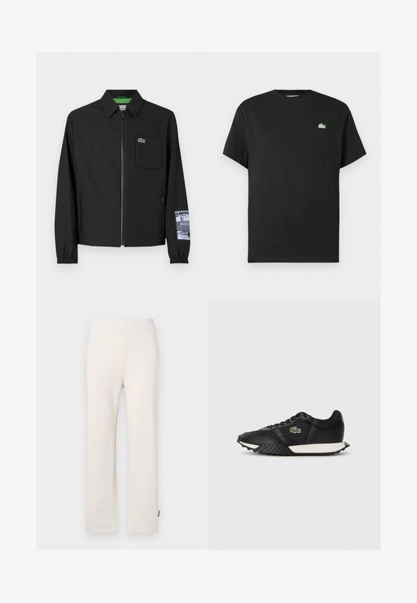 Black jacket made of smooth fabric with a green inner lining, front zipper, left chest pocket, and a patterned sleeve detail.; Black cotton t-shirt with a crew neck, short sleeves, and a green embroidered logo on the left chest. Smooth texture, relaxed fit.; Beige cotton sweatpants with an elastic waistband and embroidered logo. Straight-leg design with a smooth texture and subtle stitching details.; Black sneakers with a smooth leather finish, featuring a textured rubber sole, white midsole, and a green embroidered logo on the side.