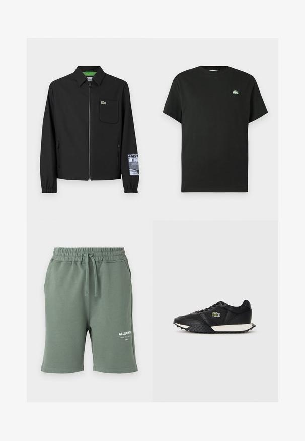 Čierna bunda vyrobená z hladkého materiálu s prešívanou zelenou podšívkou, predným zipsom, ľavým vreckom na hrudi a detailom vzorov na rukáve.; Čierne bavlnené tričko s okrúhlym výstrihom, krátkymi rukávmi a zeleným vyšívaným logom na ľavej strane hrudníka. Hladká textúra, voľný strih.; Zelené šortky z bavlnenej zmesi s elastickým pásom a šnúrkou na stiahnutie. Na boku majú bielu potlač loga. Hladká textúra, design do dĺžky kolien.; Čierne tenisky s hladkým koženým povrchom, vybavené textúrovanou gumovou podrážkou, bielou medzipodrážkou a zeleným vyšitým logom na boku.