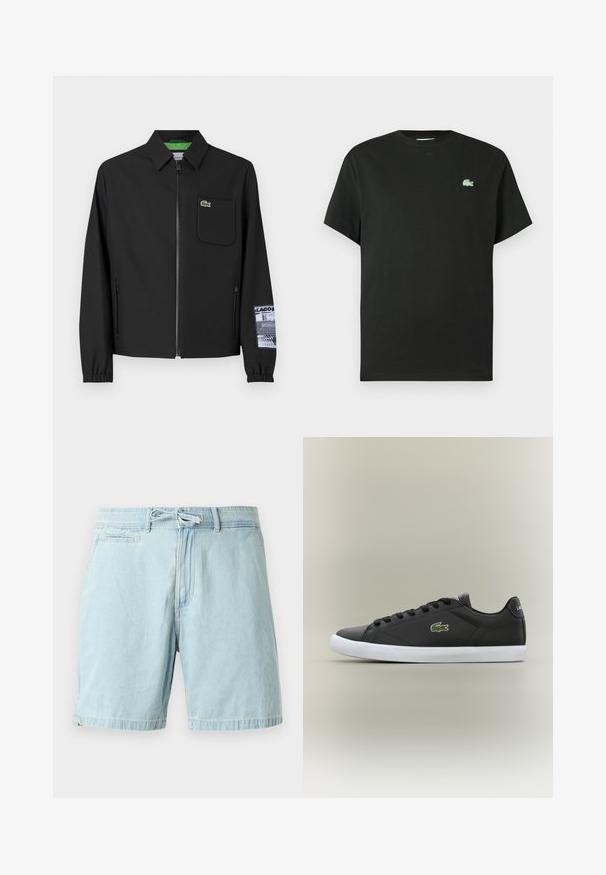 Must must, millelise vooderiga must jope, ees lukk, vasakul rinna tasku ja mustriline varrukate detail.; Mustast puuvillasest lühikeste varrukatega t-särk, ümara kaelusega ja vasakul rinnal rohelise tikandiga logoga. Sile tekstuur, lõõgastav lõige.; Heledad sinise denimi lühikesed püksid, millel on elastne vöökoht ja nöördetail, külje taskud ning vabalt langev lõige. Sile tekstuur, juhuslik disain.; Mustad mustad nahast tennisetossud valge kummist tallaga, millel on roheline krokodillilogo ja ümmargused paelad, stiilne disain sujuva tekstuuriga.