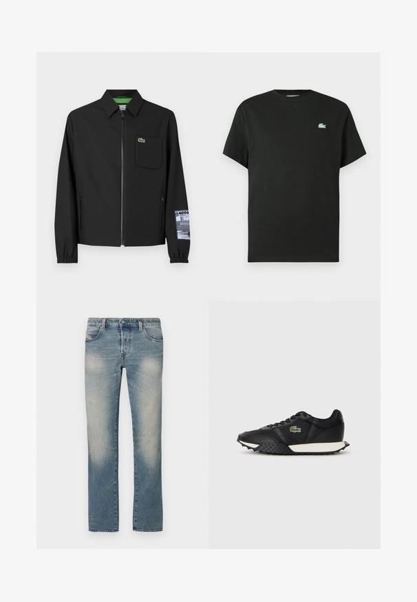 Black jacket made of smooth fabric with a green inner lining, front zipper, left chest pocket, and a patterned sleeve detail.; Black cotton t-shirt with a crew neck, short sleeves, and a green embroidered logo on the left chest. Smooth texture, relaxed fit.; Light blue denim straight-leg jeans with faded areas, five pockets, and a button closure. Fabric displays slight distressing and wear marks.; Black sneakers with a smooth leather finish, featuring a textured rubber sole, white midsole, and a green embroidered logo on the side.