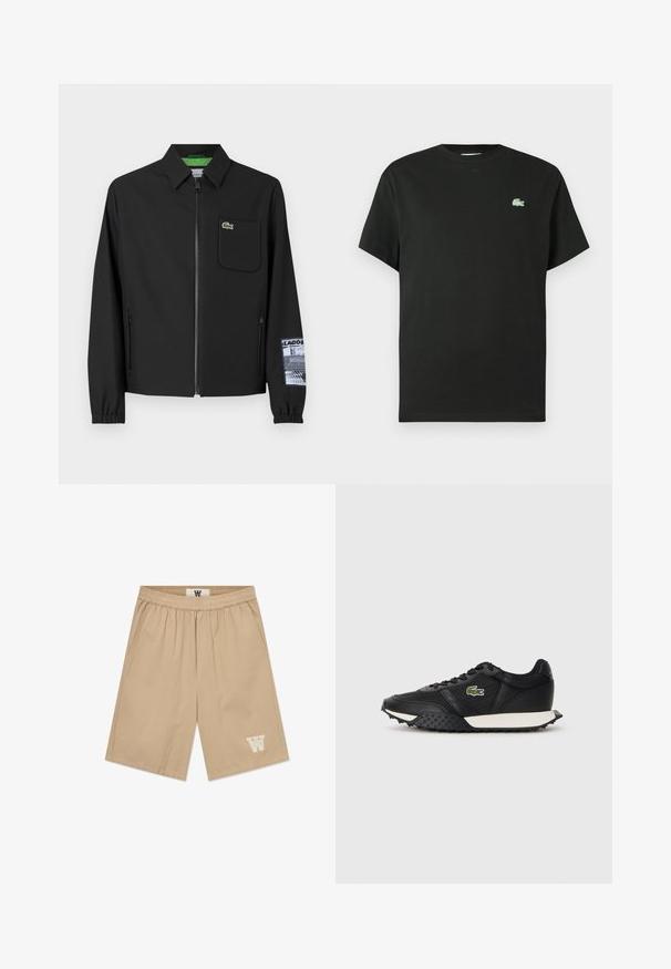 Čierna bunda vyrobená z hladkého materiálu s prešívanou zelenou podšívkou, predným zipsom, ľavým vreckom na hrudi a detailom vzorov na rukáve.; Čierne bavlnené tričko s okrúhlym výstrihom, krátkymi rukávmi a zeleným vyšívaným logom na ľavej strane hrudníka. Hladká textúra, voľný strih.; Béžové šortky vyrobené z ľahkého materiálu s elastickým pásom, bočnými vreckami a bielym logom na dolnej ľavej nohe.; Čierne tenisky s hladkým koženým povrchom, vybavené textúrovanou gumovou podrážkou, bielou medzipodrážkou a zeleným vyšitým logom na boku.