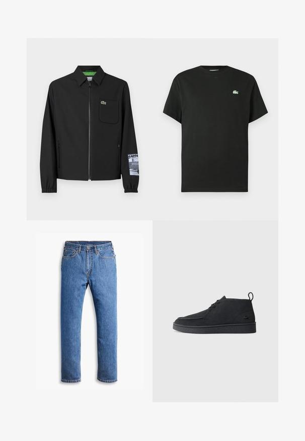 Fekete kabát sima anyagból, zöld bélésű, elülső cipzárral, bal oldali mellzsebbe, és mintás ujjal.; Fekete pamut póló kerek nyakkivágással, rövid ujjakkal, bal oldalon zöld hímzett logóval. Simaságú anyag, laza szabás.; Kék farmernadrág egyenes szabással, öt zsebbel, gombos záródással és narancssárga varrási részletekkel, tiszta fehér háttér előtt.; Fekete velúr, fűzős bokacsizma, húzófüllel és texturált talppal, oldalt kis, dombornyomott krokodil logóval.