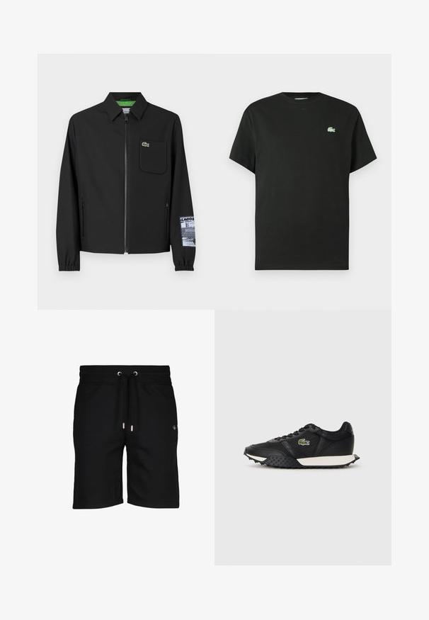 Veste noire en tissu lisse avec doublure intérieure verte, fermeture éclair à l'avant, poche sur la poitrine gauche et un détail à motifs sur les manches.; T-shirt en coton noir avec col rond, manches courtes, et un logo vert brodé sur le côté gauche de la poitrine. Texture lisse, coupe décontractée.; Shorts en coton noir avec un cordon de serrage à la taille, œillets en métal argenté et un logo discret sur le côté gauche. Texture lisse et coupe à mi-genou.; Baskets noires avec une finition en cuir lisse, dotées d'une semelle en caoutchouc texturé, d'un intersemelle blanche et d'un logo brodé vert sur le côté.