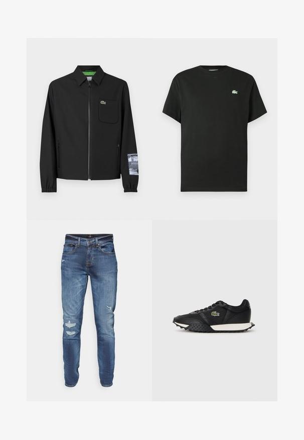 Fekete kabát sima anyagból, zöld bélésű, elülső cipzárral, bal oldali mellzsebbe, és mintás ujjal.; Fekete pamut póló kerek nyakkivágással, rövid ujjakkal, bal oldalon zöld hímzett logóval. Simaságú anyag, laza szabás.; Világoskék farmerkabát, slim fit szabással, elhasználódott foltokkal, kifakult textúrával és normál derékkal, gombos záródással.; Fekete sportcipők sima bőr borítással, texturált gumi talppal, fehér középtalppal és zöld hímzett logóval az oldalon.