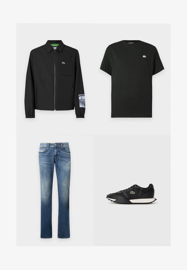 Jachetă neagră confecționată dintr-un material neted, cu căptușeală verde, fermoar frontal, buzunar pe piept la stânga și un detaliu cu un model pe mânecă.; Tricou negru din bumbac cu guler rotund, mâneci scurte și un logo verde brodat pe partea stângă a pieptului. Textură netedă, croială lejeră.; Blugi din denim albastru cu finisaj decolorat, design cu croială dreaptă, stil cu cinci buzunare și detalii subtile de cusături. Închidere clasică cu nasturi.; Adidași negri cu un finisaj din piele netedă, având o talpă din cauciuc texturat, o talpă intermediară albă și un logo brodat verde pe lateral.