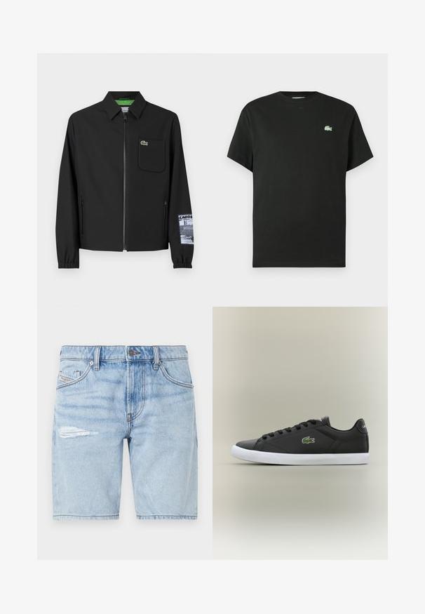 Fekete kabát sima anyagból, zöld bélésű, elülső cipzárral, bal oldali mellzsebbe, és mintás ujjal.; Fekete pamut póló kerek nyakkivágással, rövid ujjakkal, bal oldalon zöld hímzett logóval. Simaságú anyag, laza szabás.; Világoskék farmernadrág rövidnadrág, elhasználódott mosással, bal combrészen szakítással és klasszikus öt zsebes dizájnnal. Fém gombos zárás.; Fekete bőr sportcipők fehér gumitalppal, zöld krokodil logóval és kerek fűzőkkel, elegáns dizájn sima felülettel.