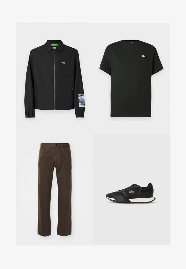 Black jacket made of smooth fabric with a green inner lining, front zipper, left chest pocket, and a patterned sleeve detail.; Black cotton t-shirt with a crew neck, short sleeves, and a green embroidered logo on the left chest. Smooth texture, relaxed fit.; Theory VIGGO - Straight leg jeans - brown; Black sneakers with a smooth leather finish, featuring a textured rubber sole, white midsole, and a green embroidered logo on the side.