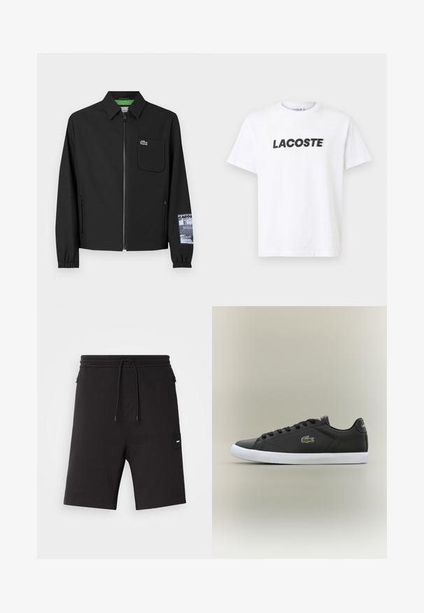 Čierna bunda vyrobená z hladkého materiálu s prešívanou zelenou podšívkou, predným zipsom, ľavým vreckom na hrudi a detailom vzorov na rukáve.; Biely bavlnený tričko s výrazným čiernym logom "LACOSTE" cez hruď. Krátke rukávy a dizajn s okrúhlym výstrihom.; Čierne šortky vyrobené z mäkkej látky, s elastickým pásom a šnúrkou na sťahovanie, bočnými vreckami a malou nášivkou s logom na ľavej strane.; Čierne kožené tenisky s bielou gumovou podrážkou, s logom zeleného krokodíla a okrúhlymi šnúrkami, elegantný dizajn s hladkou textúrou.