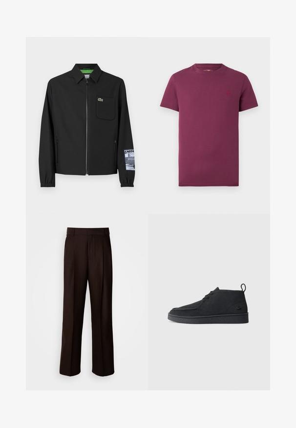 Musta takki, joka on valmistettu sileästä kankaasta ja jossa on vihreä sisävuori, edessä vetoketju, vasemmassa rinnassa tasku ja kuviollinen hiusys.; Burgundin lyhythihainen t-paita, joka on valmistettu puuvillasta. Paita on varustettu pyöreällä kauluksella ja vasemman rinnan kohdalla on pieni brodeerattu logo. Pinta on sileä.; Ruskea räätälöity housut suoran lahkeen muotoilulla, joissa on etupleetti, sileä pinta ja klassinen vyötärö. Sopii virallisiin tilaisuuksiin.; Mustat mokka nauhalla suljettavat nilkkasaappaat, joissa on vetotappi ja teksturoitu pohja, sekä pieni kohokuvioitu krokotiililogo sivulla.
