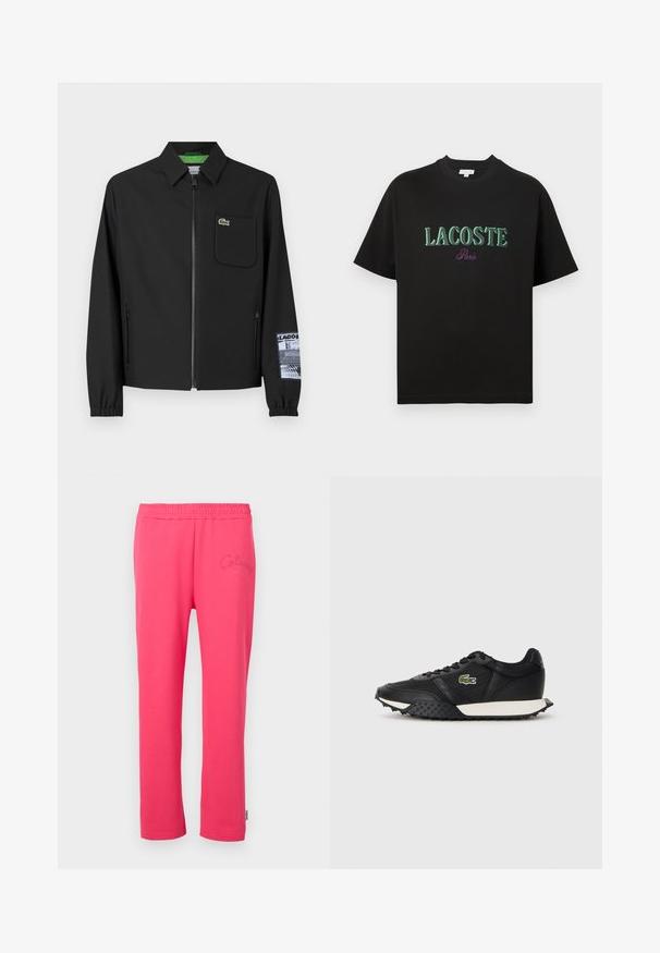 Must must, millelise vooderiga must jope, ees lukk, vasakul rinna tasku ja mustriline varrukate detail.; Mustast puuvillasest lühikeste varrukatega t-särk, millel on roheline kiri "LACOSTE" ja selle all lilla "Paris". Lihtne disain, tavalise ümara kaelusega.; Roosa puuvillane lõõgastuspüksid elastse vöökohtadega ja tikandiga logoga ees. Omab sirget jalge disaini.; Mustad mustad spordijalatsid sileda nahkviimistlusega, tekstuurse kummitaldiga, valge vahevaibaga ja rohelise brodüüritud logoga küljele.