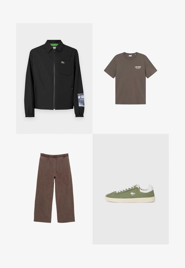 Schwarze Jacke aus glattem Stoff mit grünem Innenfutter, Frontreißverschluss, linker Brusttasche und einem gemusterten Ärmel-Detail.; Braunes Baumwoll-T-Shirt mit Rundhalsausschnitt, kurzen Ärmeln und einem kleinen weißen Logo auf der linken Brust. Glatte Textur, lässiger Schnitt.; Braune Baumwoll-Sweatpants mit elastischem Bund, verstellbarem Kordelzug, weit geschnittenen Beinen und minimalen Nähdetails.; Grüne Leinenschuhe mit weißen Schnürsenkeln und einer weißen Fersenkappe. Mit einem weißen Lacoste-Logo. Klassische Niedrigschnitt-Silhouette und Gummisohle.