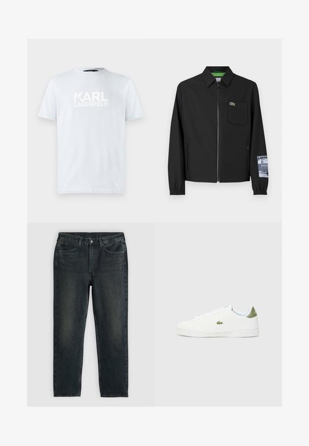 Juodas švarkas, pagamintas iš lygaus audinio su žalia vidine pamušalu, priekinis užtrauktukas, kairėje krūtinės pusėje kišenė ir raštuota rankovės detalė.; Šviesiai mėlynas medvilnės marškinėliai su trumpomis rankovėmis ir apvaliu iškirpimu, išsiskiriantys didelėmis baltomis raidėmis "KARL LAGERFELD" priekyje. Lygus paviršius.; Tamsiai mėlynos džinsinės kelnės su tiesiu kirpimu, turinčios penkias kišenes, užtrauktuką ir kontrastingas siūles. Audinys šiek tiek nublukęs.; Baltos sportiniai bateliai su lygaus paviršiaus tekstūra, kuriuose yra žalias akcentas kulne ir mažas siuvinėtas krokodilo logotipas šone.