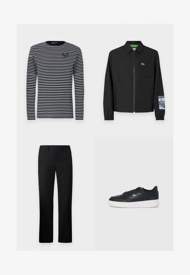 Melnā jakas ar gludu audumu un zaļu iekšējo oderi, priekšējais rāvējslēdzējs, kreisajā krūtī kabata un rakstaina piedurkne.; Garā piedurkne krekls ar melnbaltiem horizontāliem svītrām, apaļa kakla izgriezums, audums ar gludu tekstūru, uz krūtīm ir neliela logo.; Melnas pielāgotas bikses ar taisnu kāju dizainu, izgatavotas no gludas auduma. Iespējas ietver plakanu priekšpusi un vidēja augstuma jostas vietu.; Melnas ādas tenisa kurpes ar baltu zoli, ar noapaļotu purngalu, saista dizainu un nemanāmu logotipu sānos. Strukturēta virsma.