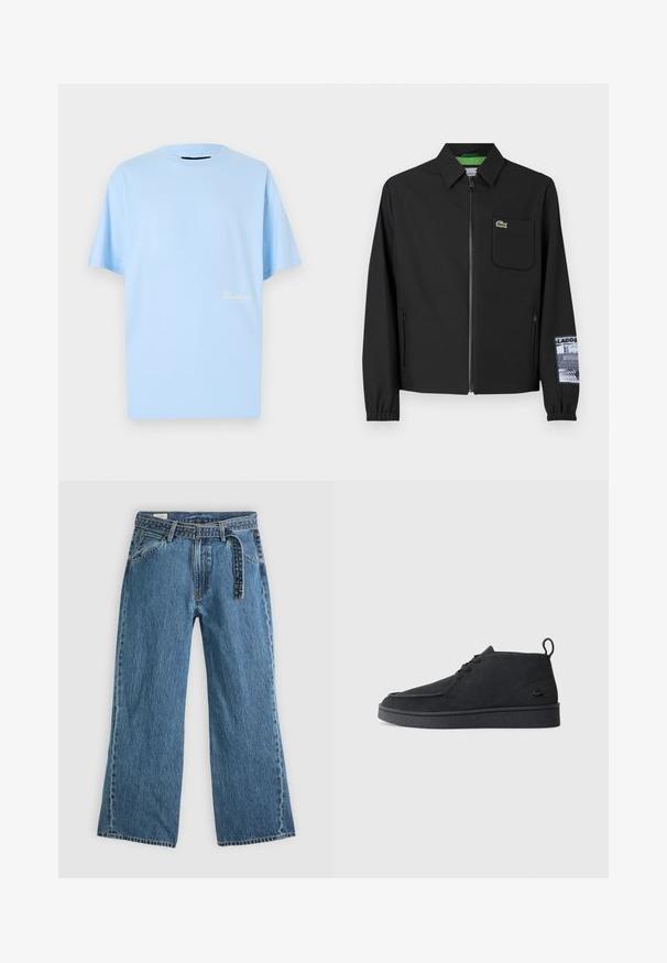 Czarna kurtka z gładkiego materiału z zielonym wewnętrznym podszewką, zamek błyskawiczny z przodu, kieszeń na lewym piersi oraz wzorzystą detalem rękawa.; Jasnoniebieska koszulka z krótkim rękawem, wykonana z miękkiej bawełny, z okrągłym dekoltem i subtelnym logo "Barbour" w kontrastującym kolorze.; Niebieskie dżinsowe spodnie szerokie z dołączonym paskiem, kieszeniami z przodu i widocznym przeszyciem na jednolitym jasnym tle.; Czarne zamszowe botki za kostkę na sznurki z pętelką i teksturowaną podeszwą, z małym wytłoczonym logo krokodyla z boku.