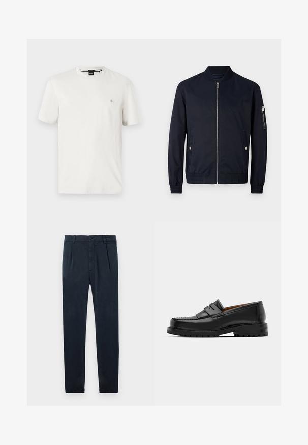 Jachetă de tip bomber navy, realizată dintr-un material ușor și neted. Dispune de un fermoar frontal, guler ribbed și buzunare laterale cu accente argintii.; Tricou alb din bumbac, cu decolteu rotund, mâneci scurte și un mic logo pe partea stângă a pieptului. Textură netedă, croială obișnuită.; Pantaloni bleumarin din material moale, cu un design elegant, buzunare și nasture la închidere. Textură netedă cu o croială adaptată.; Mocasinii din piele neagră au o cusătură ridicată, două bare decorative pe partea superioară și o talpă groasă texturată pentru o aderență suplimentară.