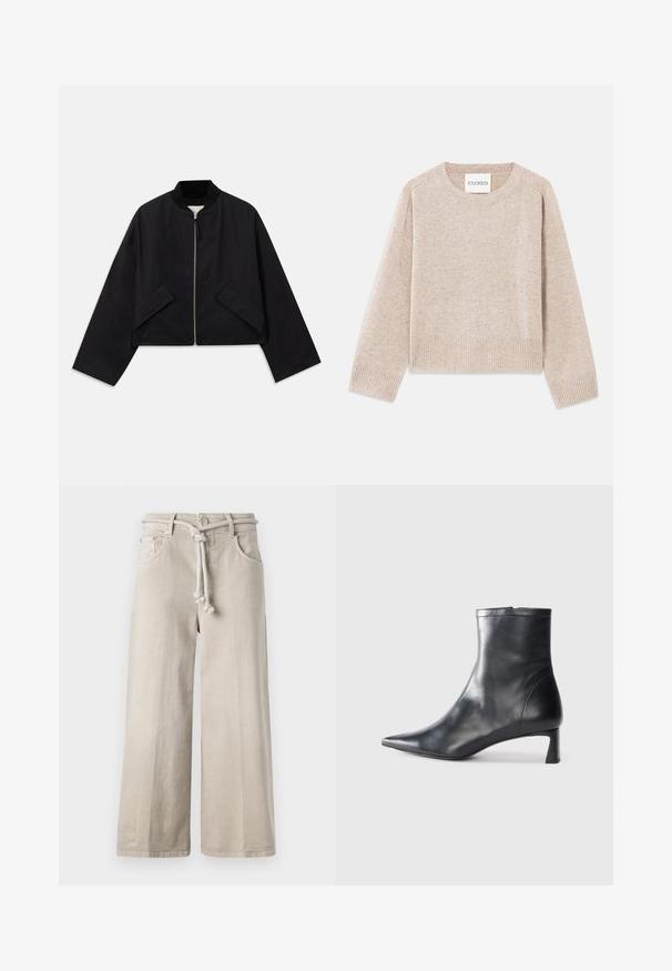 Chaqueta bomber negra con cremallera frontal, diseño corto y dos bolsillos angulares. Fabricada con tejido suave, con cuello de canalé y mangas amplias.; Suéter de punto beige con escote redondo y puños acanalados. Presenta un corte relajado y una textura sutil, etiquetado como "CLOSED" en la etiqueta.; CLOSED LYNA - Vaqueros boyfriend - beige; Botín de cuero negro hasta el tobillo con punta afilada y un diseño elegante. Presenta un tacón bajo y un cierre con cremallera en la parte trasera. Textura suave.