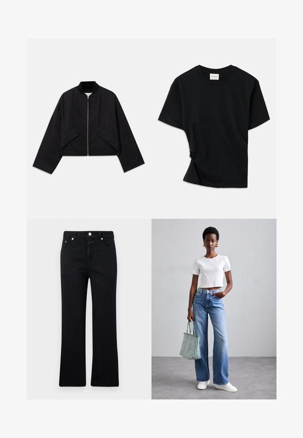 Veste bomber noire avec front zippé, design court et deux poches angulaires. Fabriquée en tissu lisse avec un col côtelé et des manches larges.; T-shirt noir en coton doux, doté d'un col rond, de manches courtes et d'un design légèrement torsadé pour une coupe décontractée.; Jean noir avec une coupe droite, style cinq poches, quincaillerie en métal et texture en denim douce. Minimaliste et uniforme en couleur.; T-shirt cropped blanc à côtes, jeans larges bleu clair, et sneakers blanches. Portant un sac fourre-tout à rayures vertes et blanches.