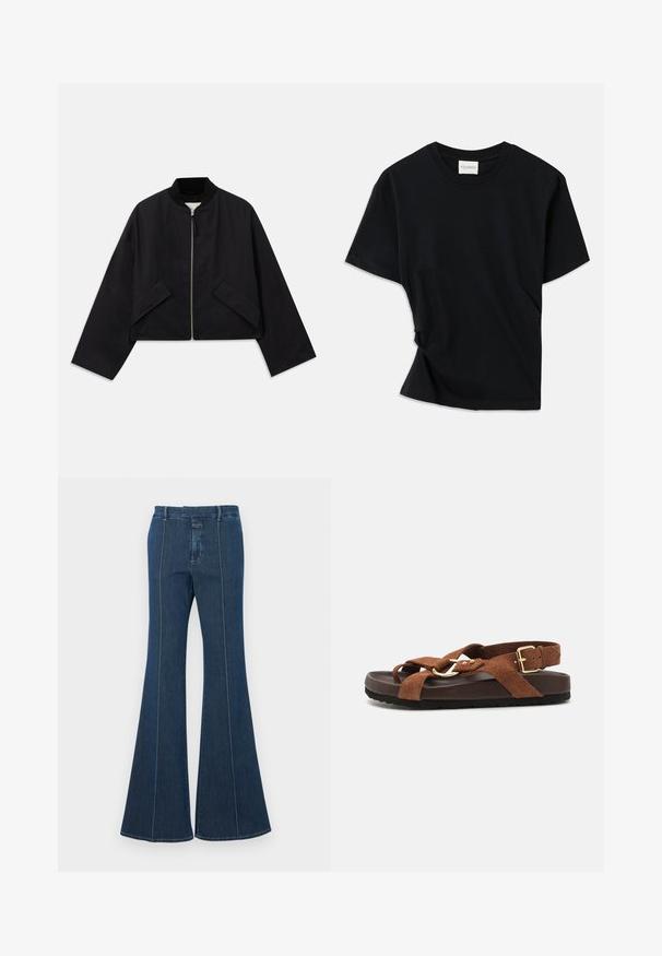 Melnā bumbierveida jaka ar zippu priekšā, īsā dizainā un divām leņķiskām kabatām. Izgatavota no gludas auduma ar ribotu apkakli un platām piedurknēm.; Melnā T-krekls, izgatavots no mīksta kokvilnas, ar apaļu izgriezumu, īsām piedurknēm un nedaudz izlocītu dizainu, kas nodrošina brīvu piegulšanu.; Tumši zila džinsu flared bikses ar strukturētām šuvēm un gludu apdari. Iespējas ar vidējo jostasvietu un plašām, plūstošām kājām.; Sœur MEXICO - Sandales - rouille