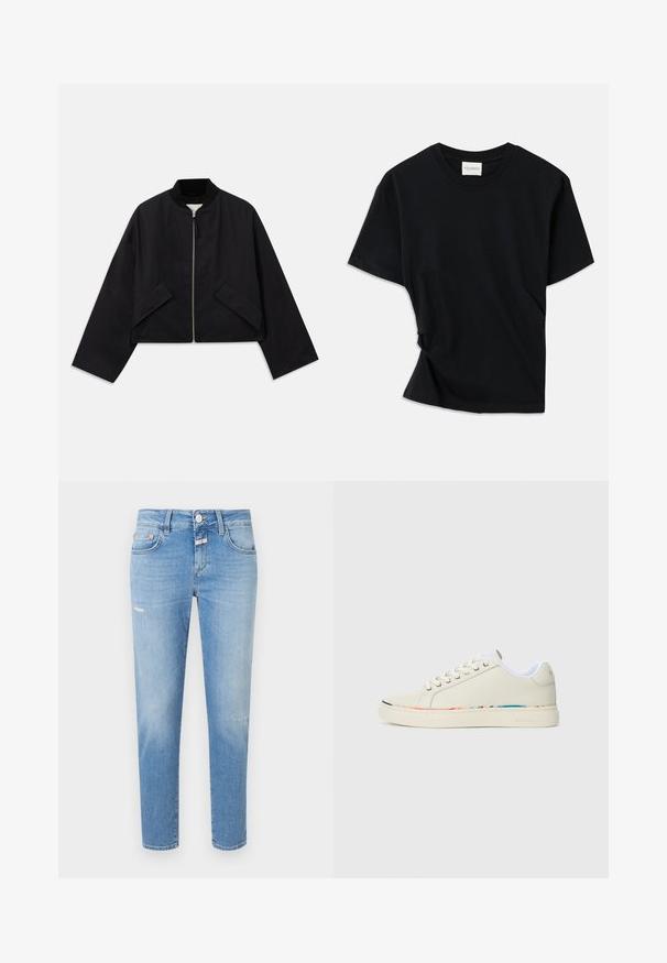 Črna bomberska jakna z zadrgo spredaj, skrajšano obliko in dvema angularnima žepoma. Narejena iz gladkega blaga z rebrastim ovratnikom in širokimi rokavi.; Črno majico iz mehkega bombaža odlikuje okrogla izreza, kratki rokavi in nekoliko zvit dizajn za sproščen fit.; Svetlo modri kavbojki z ozkim krojem, ki vključujejo gumbasto zapiranje, rahlo obrabo in tradicionalno zasnovo s petimi žepi.; Off-white nizki športni copat z vezalnim dizajnom, belim notranjim oblogo in subtilnim večbarvnim obrobjem ob robu podplata, stranski pogled.