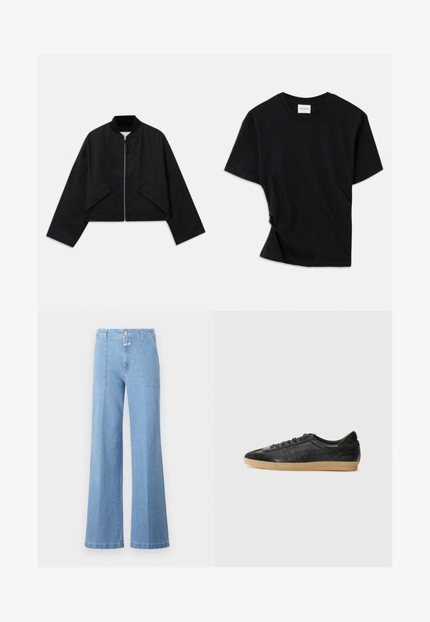 Casaco bomber preto com fecho éclair na frente, design cropped e dois bolsos angulares. Feito de um tecido suave, com colarinho canelado e mangas largas.; T-shirt preta feita de algodão macio, com decote redondo, mangas curtas e um design ligeiramente torcido para um ajuste descontraído.; Calças largas de ganga azul clara com cintura alta, apresentando dois bolsos frontais e fecho de botão. Textura suave com costura mínima.; Sapatilhas de couro preto com detalhes em camurça, bico arredondado, sola de borracha de goma, atacadores planos e costuras decorativas. Apresenta o logótipo da marca no calcanhar.