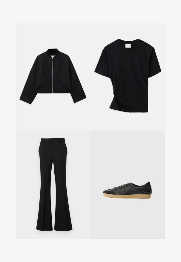 Juodas bomberis su užtrauktuku, trumpa konstrukcija ir dviem kampuotais kišenėmis. Pagamintas iš lygaus audinio, su banguota apykakle ir plačiomis rankovėmis.; Juodas marškinėlis, pagamintas iš minkštos medvilnės, su apvalia iškirpte, trumpomis rankovėmis ir šiek tiek sukurtu dizainu, užtikrinančiu laisvą prigludimą.; Juodos plačios kelnės, pagamintos iš lygios medžiagos, su priekine raukšle, pritaikytu liemeniu ir šoninėmis kišenėmis praktiškam naudojimui.; Juodų odinių sportbačių su zomšos akcentais, apvaliu pirštu, guminėmis padangomis, plokščiomis raišteliais ir siūlės detalėmis. Ant kulno yra prekės ženklo logotipas.