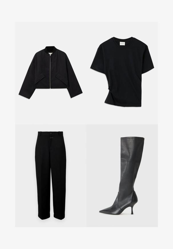 Črna bomberska jakna z zadrgo spredaj, skrajšano obliko in dvema angularnima žepoma. Narejena iz gladkega blaga z rebrastim ovratnikom in širokimi rokavi.; Črno majico iz mehkega bombaža odlikuje okrogla izreza, kratki rokavi in nekoliko zvit dizajn za sproščen fit.; Črne hlače iz gladkega materiala, z gumbom za zapiranje, zanka za pas in ravnim krojem.; Črne usnjene škornje do kolen s koničastim nosom in ozkim stiletto peto. Gladka tekstura z oblikovanim dizajnom in šivi na zgornjem robu.