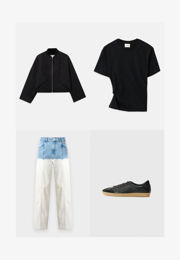 Črna bomberska jakna z zadrgo spredaj, skrajšano obliko in dvema angularnima žepoma. Narejena iz gladkega blaga z rebrastim ovratnikom in širokimi rokavi.; Črno majico iz mehkega bombaža odlikuje okrogla izreza, kratki rokavi in nekoliko zvit dizajn za sproščen fit.; Denim jeans imajo zgornji del v modri barvi, ki se postopoma prehaja v belo. Visok pas, ravna silaeta in vidni šivi.; Črne usnjene tene s semiš dodatki, okrogla konica, gumijast podplat, ravne vezalke in šivanje. Ima logo blagovne znamke na peti.