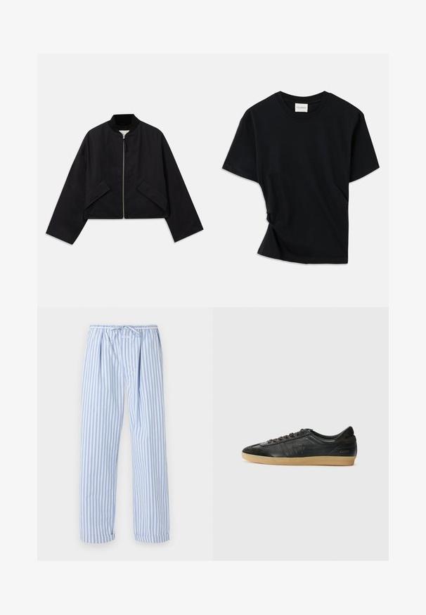 Black bomber jacket with a zip front, cropped design, and two angular pockets. Made from smooth fabric with a ribbed collar and wide sleeves.; Black t-shirt made of soft cotton, featuring a crew neckline, short sleeves, and a slightly twisted design for a relaxed fit.; Light blue and white striped pajama pants with a drawstring waist, featuring a relaxed fit and rolled hems. Made of soft lightweight fabric.; Black leather sneaker with suede accents, round toe, gum rubber sole, flat laces, and stitched detailing. Features brand logo on heel.