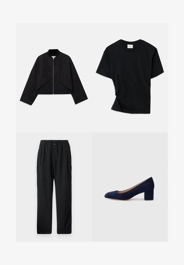 Black bomber jacket with a zip front, cropped design, and two angular pockets. Made from smooth fabric with a ribbed collar and wide sleeves.; Black t-shirt made of soft cotton, featuring a crew neckline, short sleeves, and a slightly twisted design for a relaxed fit.; Black, lightweight trousers with a relaxed fit. Features an elastic waistband with a drawstring, no visible pockets, and a smooth texture.; Navy blue suede pump with a pointed toe and a mid-height block heel. Smooth texture with a subtle sheen and a small cutout at the front.