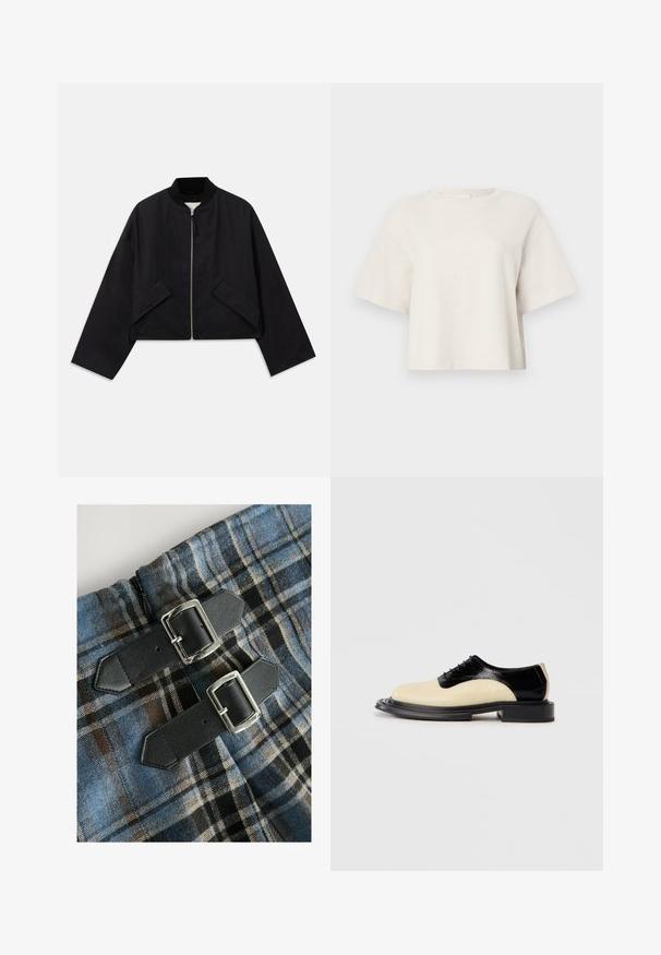 Čierna bomber bunda so zipsom na prednej strane, skrátený strih a dva uhlové vrecká. Vyrobená z hladkej tkaniny s rebrovaným golierom a širokými rukávmi.; Krémový skrátený tričko vyrobené z rebrovanej látky, s okrúhlym výstrihom a krátkymi rukávmi v uvoľnenom strihu.; Károvaná textília s modrou, hnedou a čiernou farbou, s dvoma čiernymi koženými popruhmi so striebornými prackami v oblasti pása. Viditeľný zips.; Dvojfarebné šnurovacie topánky s prednou časťou z krémovo-bežnej kože a lesklou čiernou kožou vzadu, s hrubou čiernou textúrovanou podrážkou.