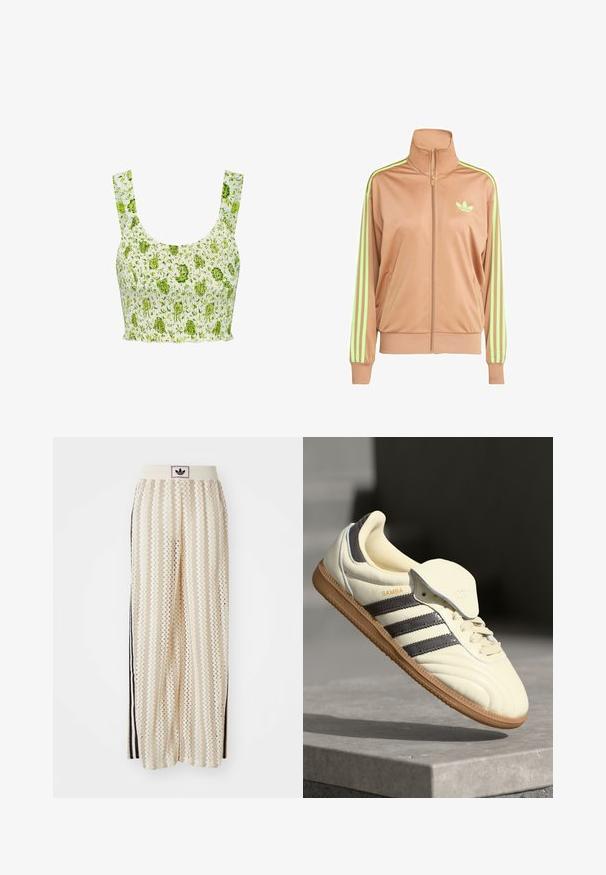 Bežna zip-up trenirka s visokim ovratnikom, s neon zelenim trostrukim detaljima na rukavima i malim logotipom na prsima.; Bijela busta kratka majica s zelenim cvjetnim uzorkom. Ima široke naramenice i nabran teksturirani izgled.; Pantalone širokog kroja krem boje s zigzag uzorkom, koji sadrži sivi pojas s crnim logotipom i bočne crne pruge. Lagani, teksturirani materijal.; Kremaste kožne tenisice s tri tamne pruge, smešnim gumiranim potplatom i zaobljenim vrhom. Imaju preklopni jezik označen s "SAMBA."