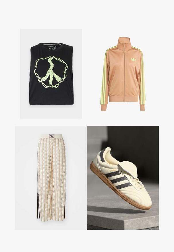 Bežová zipová športová bunda s vysokým golierom, ktorá má neónovo zelené trojprúžky na rukávoch a malú nášivku na hrudi.; Čierne tielko bez rukávov s veľkým, vyblednutým svetlozeleným symbolom mieru v reťazovom dizajne. Vyrobené z mäkkého bavlneného materiálu.; Béžové nohavice s širokými nohavicami a zigzagovými vzormi, s čiernym logom na páse a bočnými čiernymi pruhmi. Ľahká, textúrovaná látka.; Krémové kožené tenisky s tromi tmavými pruhmi, hnedou gumenou podrážkou a zaoblenou špičkou. Obsahujú prehýbací jazyk s označením "SAMBA."