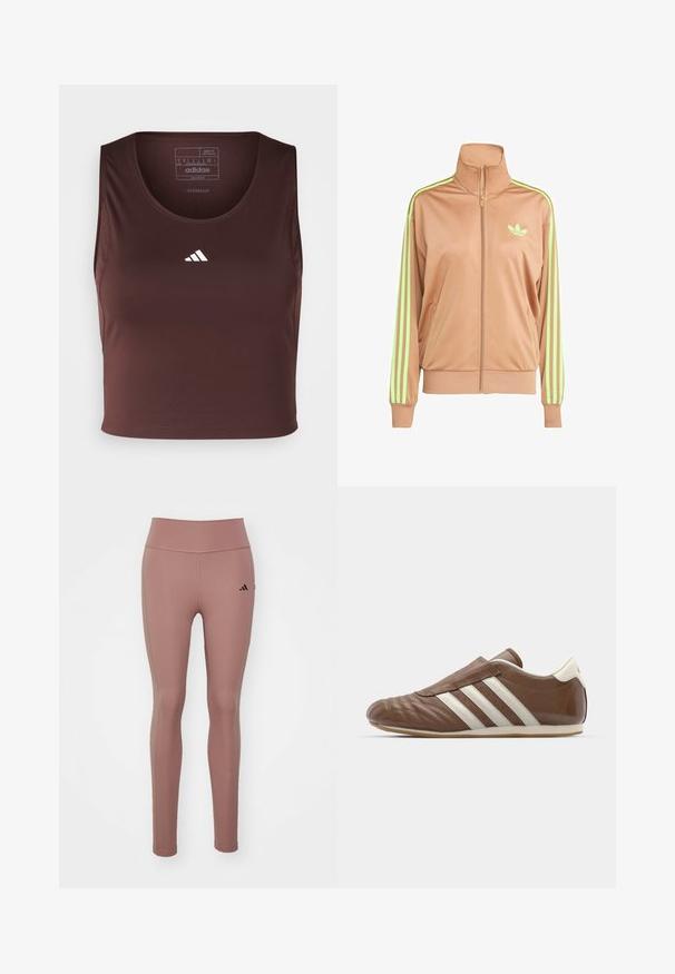 Bēšas rāvējslēdzēja sporta jaka ar augstu apkakli, kurai ir neona zaļi trīs svītru akcenti uz piedurknēm un neliels logo uz krūtīm.; adidas Performance TECHFIT CROPPED - Tops - shadow brown; Rozā sporta legingi, kas izgatavoti no elastīga auduma. Augsta jostasvieta ar gludu tekstūru un nelielu melnu logotipu kreisajā gurnā.; adidas Originals TAEKWONDO - Mokasīni - preloved brown/off white