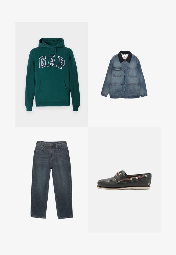 Leren denim jacket in lichtblauw met een donkerblauwe kraag, vier zakken aan de voorkant, knoopsluiting en lange mouwen. Het heeft een relaxte pasvorm en een klassiek ontwerp.; Donkergroene hoodie van een katoenmix, met een groot "G.A.P." logo in wit en marineblauw, een voorste kangoeroezak en een capuchon met trekkoord.; Donkerblauwe denim jeans met een recht model, vijf zakken, riemlussen en subtiele vervaging in het materiaal. Gestikt zoomdetail.; Zwarte leren bootsschoen met een ronde neus, witte rubberen zool, gouden oogjes en contrasterende bordeauxrode veters. Voorzien van gestikte details.