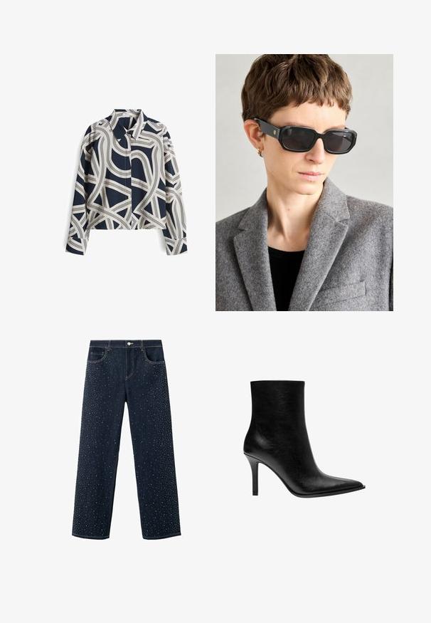 Brown puffer jacket with a high collar, thick quilted sections, and front zipper. Light material with a smooth texture and oversized fit.; Navy and cream patterned shirt with long sleeves, collared neckline, and abstract line design; cotton blend fabric, relaxed fit.; Dark denim jeans with a wide-leg design, featuring scattered rhinestone embellishments on the front. Classic five-pocket style.; Black leather ankle boot with a pointed toe, slim stiletto heel, smooth texture, and minimalistic design. No visible hardware or accents.; Black rectangular sunglasses with dark lenses, matte finish, and gold logo on the arm; worn with a grey wool blazer and black top.