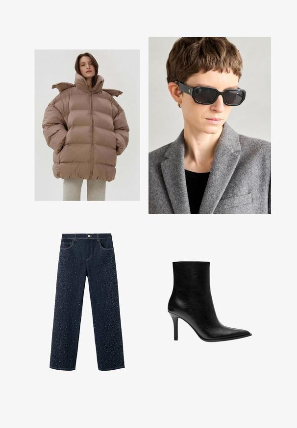 Brown puffer jacket with a high collar, thick quilted sections, and front zipper. Light material with a smooth texture and oversized fit.; White long-sleeve top with a boat neckline. Made of soft material, features flared sleeves and a straight hem, offering a simple and versatile design.; Dark denim jeans with a wide-leg design, featuring scattered rhinestone embellishments on the front. Classic five-pocket style.; Black leather ankle boot with a pointed toe, slim stiletto heel, smooth texture, and minimalistic design. No visible hardware or accents.; Black rectangular sunglasses with dark lenses, matte finish, and gold logo on the arm; worn with a grey wool blazer and black top.
