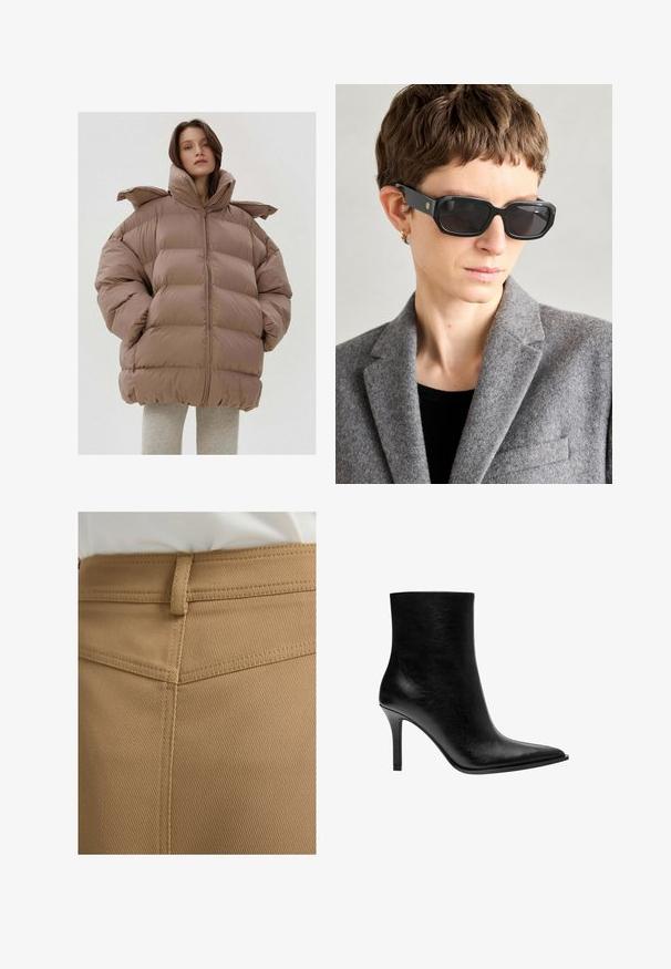 Brązowa pikowana kurtka puchowa z wysokim kołnierzem, grubymi przeszyciami i przednim zamkiem błyskawicznym. Lekki materiał o gładkiej fakturze i luźnym, oversize'owym kroju.; Kremowa bluzka z długim rękawem, szerokim dekoltem i rozszerzanymi rękawami. Gładka, lekka tkanina. Prosty, minimalistyczny design bez zdobień.; Brązowa, teksturowana tkanina z diagonalnym wzorem; widoczne przeszycia i pętelka na pasek w talii. Ostrym widokiem na górną część odzieży.; Czarne skórzane botki za kostkę z wąskim noskiem, smukłym obcasem typu stiletto, gładką teksturą i minimalistycznym designem. Brak widocznych elementów metalowych lub akcentów.; Czarne prostokątne okulary przeciwsłoneczne z ciemnymi soczewkami, matowym wykończeniem i złotym logo na ramionku; noszone z szarym wełnianym żakietem i czarną bluzką.