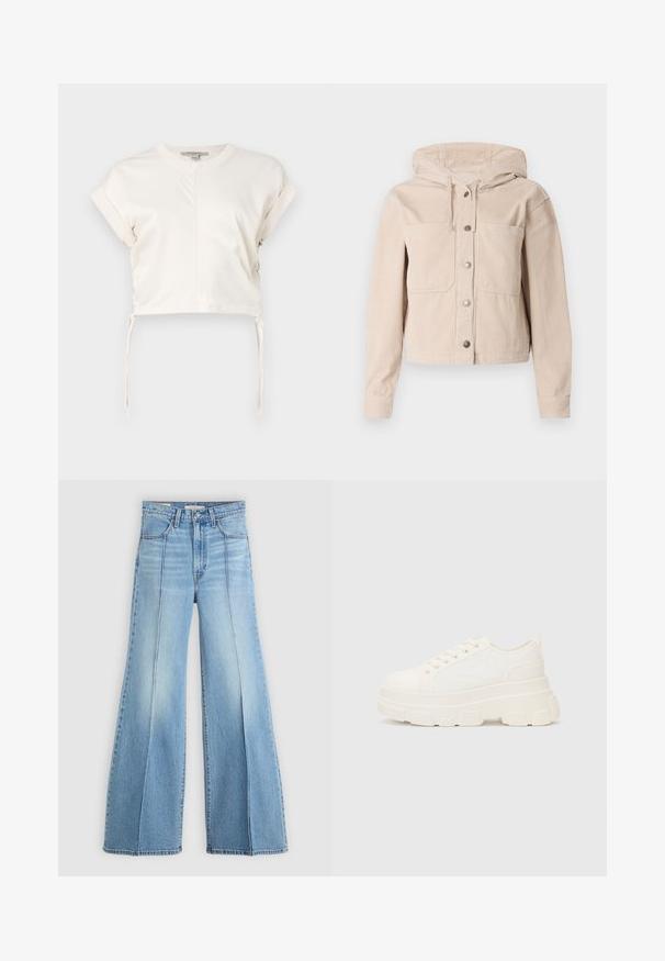 Béžová kordová bunda s kapucí, obsahující přední zapínání na knoflíky a dvě náprsní kapsy. Texturovaná látka s ribovaným vzorem.; Krémový zkrácený top z hladké látky s kulatým výstřihem, krátkými rukávy a nastavitelnými bočními vázáními. Jednoduchý, čistý design.; Světle modré džíny s vysokým pasem a širokými nohavicemi, s předními a zadními kapsami, poutky na opasek a vertikálními švy na přední části.; Bílé plátěné tenisky s robustní podrážkou, zaoblenou špičkou a pěti otvory pro tkaničky. Zádový pásek pro snadné obouvání. Hladký povrch, minimalistický design.
