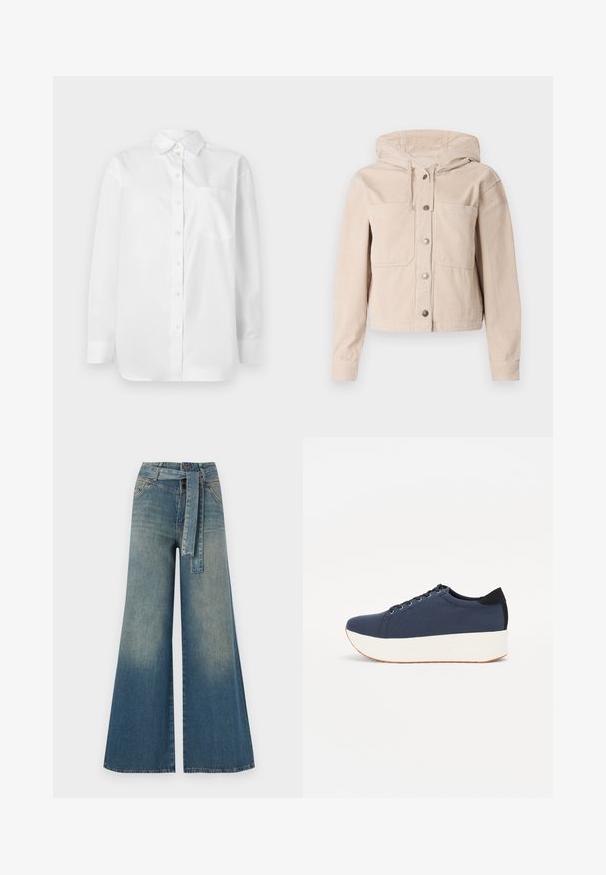 Jachetă din corduroy bej cu glugă, având închidere cu butoni în față și două buzunare pe piept. Material texturat cu model în nervuri.; Cămașă albă cu mânecă lungă, cu închidere prin nasturi și un buzunar pe piept, pe un fundal alb simplu.; Pantaloni din denim largi, cu un gradient de la albastru deschis la albastru închis, talie înaltă, bucle pentru curea și o curea din același material. Finisaj texturat din denim.; Sneaker albastru închis, cu un material texturat pe partea superioară, talpă platformă albă, vârf rotunjit și accent de călcâi negru. Dispune de șase găuri pentru șireturi.
