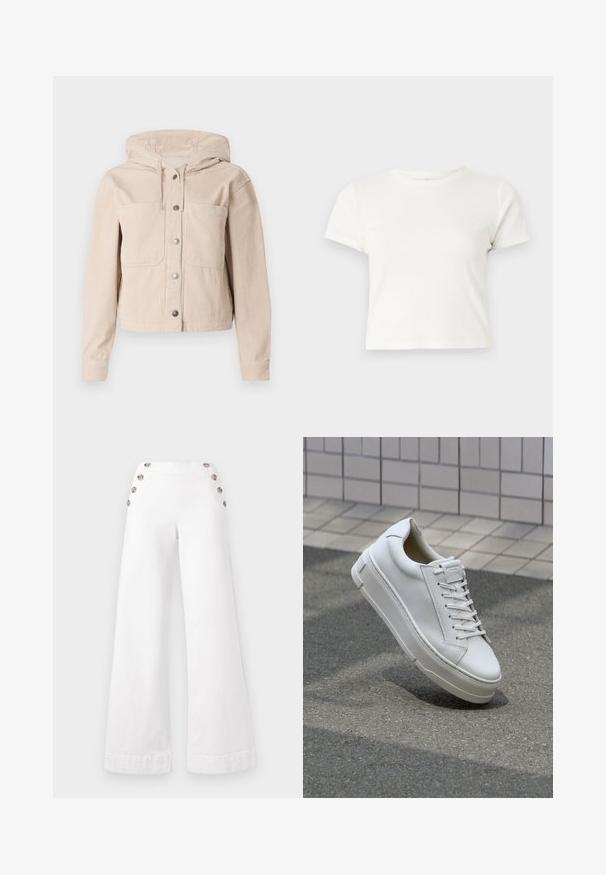 Veste en velours côtelé beige avec une capuche, dotée d'une fermeture à boutons sur le devant et de deux poches poitrine. Tissu texturé avec un motif en côtes.; T-shirt blanc court en coton avec des manches courtes, un col rond et un ourlet droit, présentant une texture lisse et un design minimal.; Pantalons blancs à jambes larges en coton, ornés de grands boutons décoratifs sur les côtés, avec une texture lisse et des coutures nettes.; Baskets blanches en cuir avec un design bas, lacets plats, bout arrondi et côtés texturés. Semelle en caoutchouc épaisse avec des accents subtils.