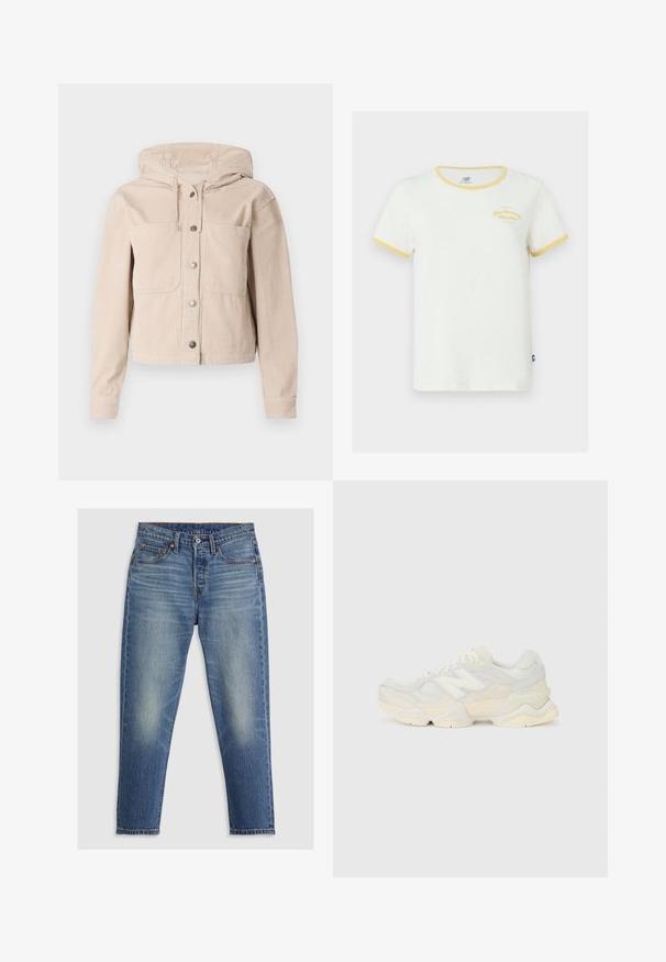 Beežist soonik, millel on kapuuts, esiküljel nupupaneel ja kaks rinnataskut. Tekstuuriga kangas ribipatterniga.; Valge puuvillane T-särk kollase ribaga kaeluses ja varrukaäärtes. Ees on kollane tikandiga bränding. Regulaarne lõige.; Heledad sinised teksad sirge lõikega, viie taskuga, nööpkinnitusega ja kerge pleekimisega reitel. Nähtav kontrastõmblus.; Kerge tenniseking, mille pealis on valmistatud võrgust ja seemisnahast pehmes kreemitoonis, koos paksu tallaga ja kolmemõõtmeliste aktsentidega.