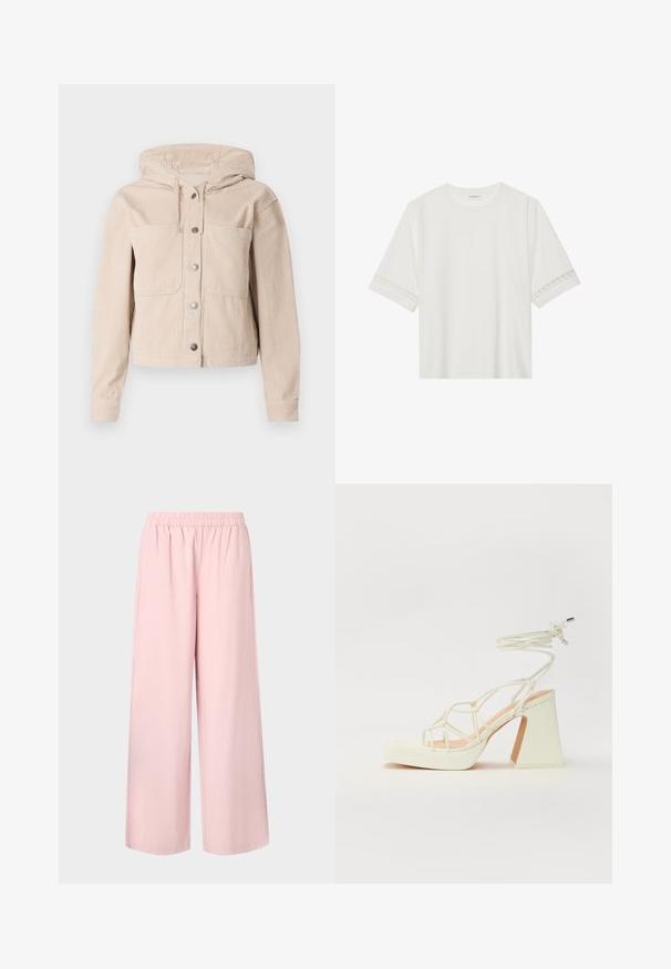 Jachetă din corduroy bej cu glugă, având închidere cu butoni în față și două buzunare pe piept. Material texturat cu model în nervuri.; Tricou alb cu mânecă scurtă, confecționat din bumbac, cu dantelă decorativă pe marginea mânecilor și un guler rotund.; Pantaloni roz cu croială largă, având un brâu elastic și o textură netedă, cu un fit lejer și o croială dreaptă de la talie până la tiv.; Sandale albe cu toc înalt și gros, cu un design cu curele și legătură la gleznă. Textură netedă, cu o platformă frontală pentru înălțime suplimentară.