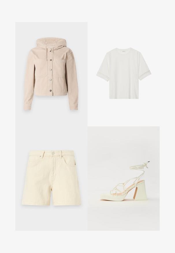 Beežist soonik, millel on kapuuts, esiküljel nupupaneel ja kaks rinnataskut. Tekstuuriga kangas ribipatterniga.; Valge lühikese varrukaga T-särk, mis on valmistatud puuvillast, kaunistatud pitsiga varrukate ääres ja ümmarguse kaelusega.; Kreemjad teksashortsid otse lõikega, ees nupuga kinnitamine, kaks esikoti ning pehme tekstuuriga kude.; Valged kõrge kontsaga sandaalid, millel on paks konts ja rihmadega disain koos pahkluu sidumisega. Sile tekstuur ja platvorm ees, et lisada kõrgust.