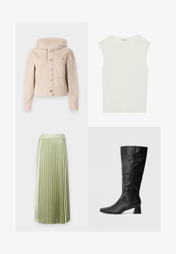 Béžová kordová bunda s kapucí, obsahující přední zapínání na knoflíky a dvě náprsní kapsy. Texturovaná látka s ribovaným vzorem.; Bílý bezrukávový top s kulatým výstřihem. Vyroben z hladkého materiálu, má volný střih a minimalistický design. Bez vzorů nebo akcentů.; Plisovaná midi sukně ze světle zeleného saténu s hladkou texturou. Upnutý pas, končí v polovině lýtek, s pravidelnými vertikálními plisovanými záhyby po celé délce.; Černá kožená botka do poloviny lýtek s špičatou špičkou a blokovým podpatkem na jednoduchém světlém pozadí.