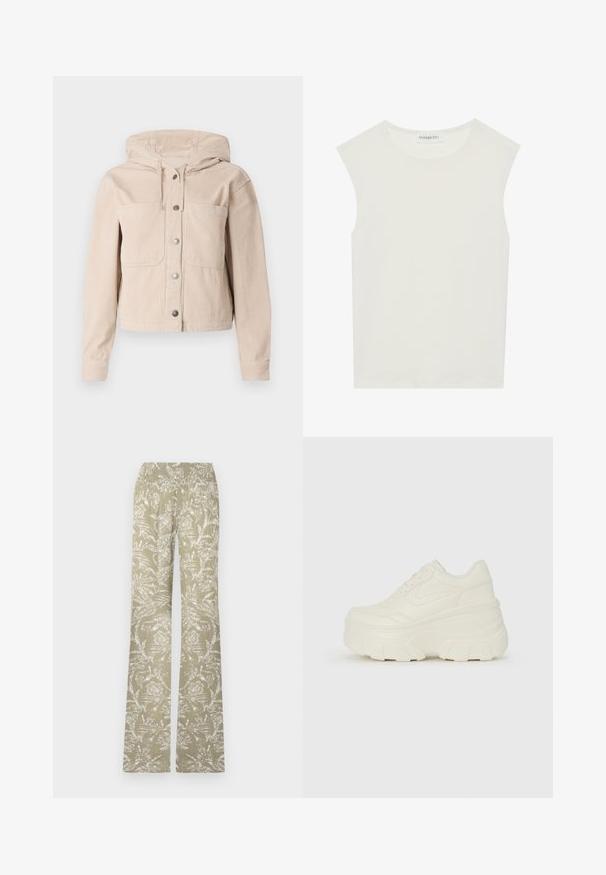 Μπεζ καμπαρντίνα από κοτλέ με κουκούλα, διαθέτει μπροστινό κλείσιμο με κουμπιά και δύο θησαυροφυλάκια στο στήθος. Υφασμάτινη υφή με ριγωτό σχέδιο.; Λευκή αμάνικη μπλούζα με στρογγυλή λαιμόκοψη. Φτιαγμένη από απαλό ύφασμα, διαθέτει χαλαρή εφαρμογή και μινιμαλιστικό σχέδιο. Χωρίς μοτίβα ή αξεσουάρ.; Καμπάνα παντελόνι σε ανοιχτό πράσινο ύφασμα με λευκό λουλουδάτο μοτίβο. Διαθέτει ελαστική ζώνη μέσης και υφή στην επιφάνεια.; Λευκά αθλητικά παπούτσια με πλατφόρμα, διαθέτουν λείο επάνω μέρος που μοιάζει με δέρμα, στρογγυλή σιλουέτα, επενδυμένο κολάρο και υφασμένο καουτσούκ σόλα με καθορισμένα μοτίβα.