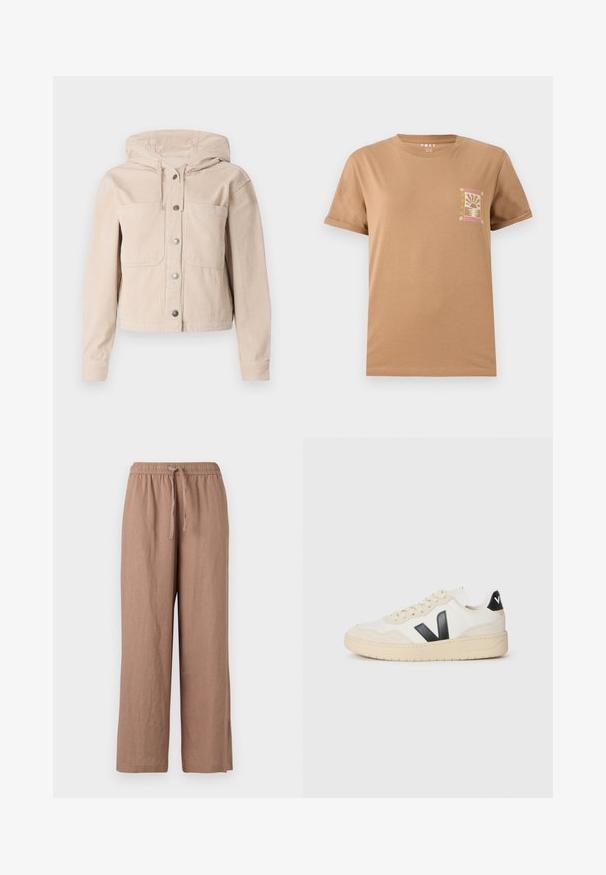 Beige kordfløyelsjakke med hette, med frontknapplukking og to brystlommer. Teksturert stoff med ribbet mønster.; Brun bomulls T-skjorte med korte ermer. Har en liten, fargerik grafikk på venstre brystområde som viser et solnedgangstema.; Lys brun lin brede bukser med elastisk liv og snor. Har en glatt tekstur og ankellang lengde.; Off-white sneakers med beige såle, svart "V" logo på siden, snørebånd, og svart hælflik merket med hvite bokstaver.