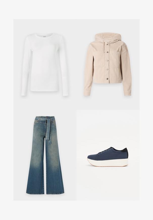 Béžová kordová bunda s kapucňou, so zapínaním na prednej strane a dvoma náprsními vreckami. Texturovaná látka s ryhovaným vzorom.; Biela dlhá rukávová tričko vyrobené z mäkkého bavlneného materiálu, s okrúhlym výstrihom a priliehavým strihom so hladkou a rovnomernou textúrou.; Džínsy s širokými nohavicami, ktoré majú prechod od svetlomodrej po tmavomodrú, vysoký pás, pútka na opasok a opasok z rovnakého materiálu. Textúrovaný denimový povrch.; Námornícky modré tenisky s textúrovaným textilným zvrškom, bielou platformovou podrážkou, zaoblenou špičkou a čiernym akcentom na päte. Obsahujú šesť otvorov na šnúrky.