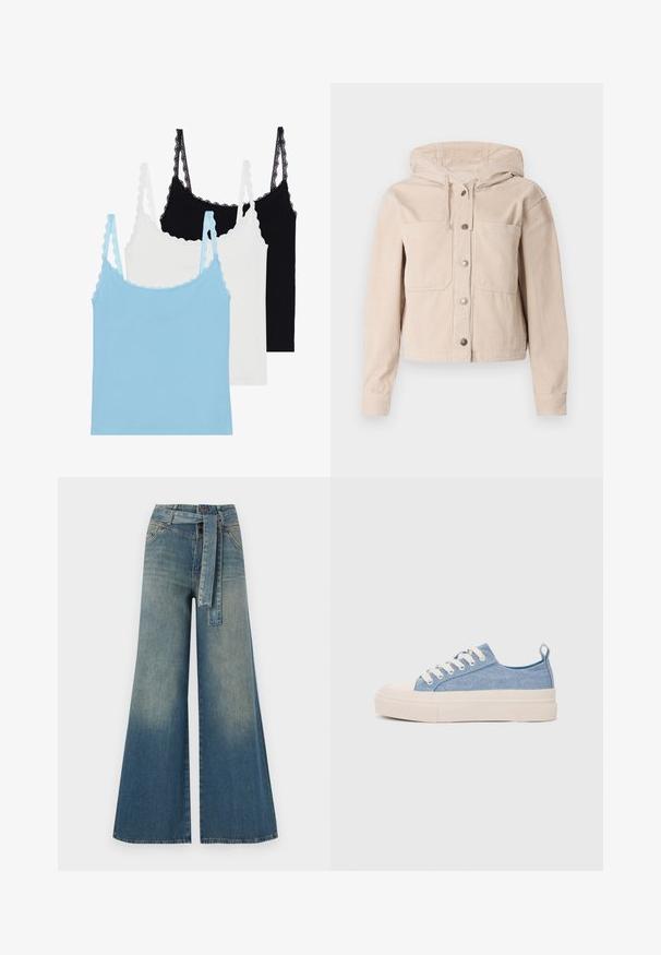 Beige corduroy jacket with a hood, featuring a front button closure and two chest pockets. Textured fabric with ribbed pattern.; Three camisoles featuring lace trim straps: one light blue, one white, and one black. Made from soft material with a fitted shape.; Wide-leg denim trousers featuring a light to dark blue gradient, high waist, belt loops, and a matching fabric belt. Textured denim finish.; Light blue canvas sneakers with a cream rubber toe cap and outsole, featuring white laces and a pull tab on the heel.